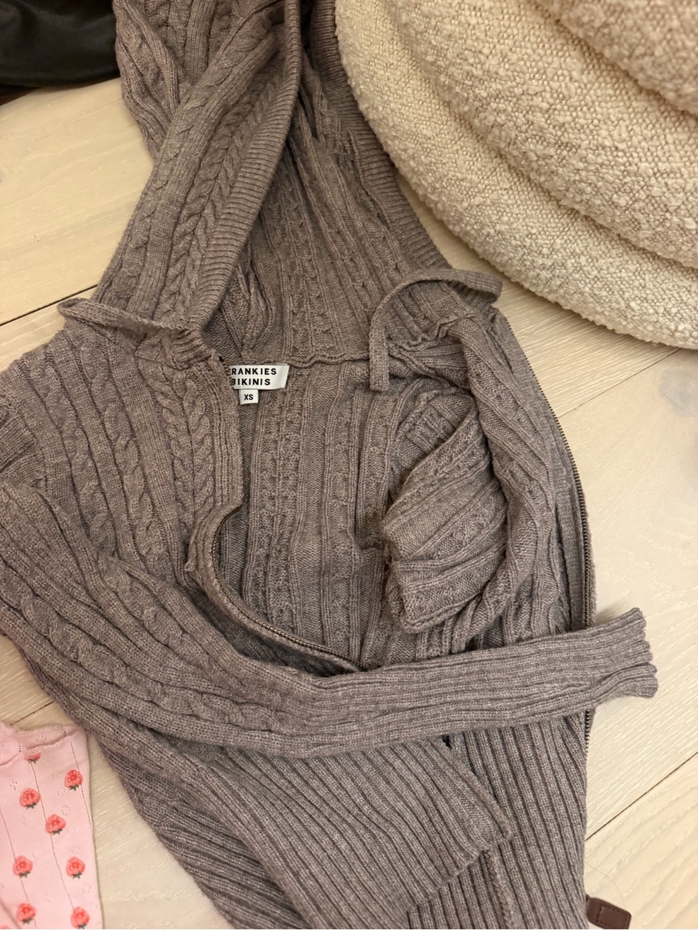 Frankie's Bikinis Taupe Cable Knit Hoodie Cardigan
